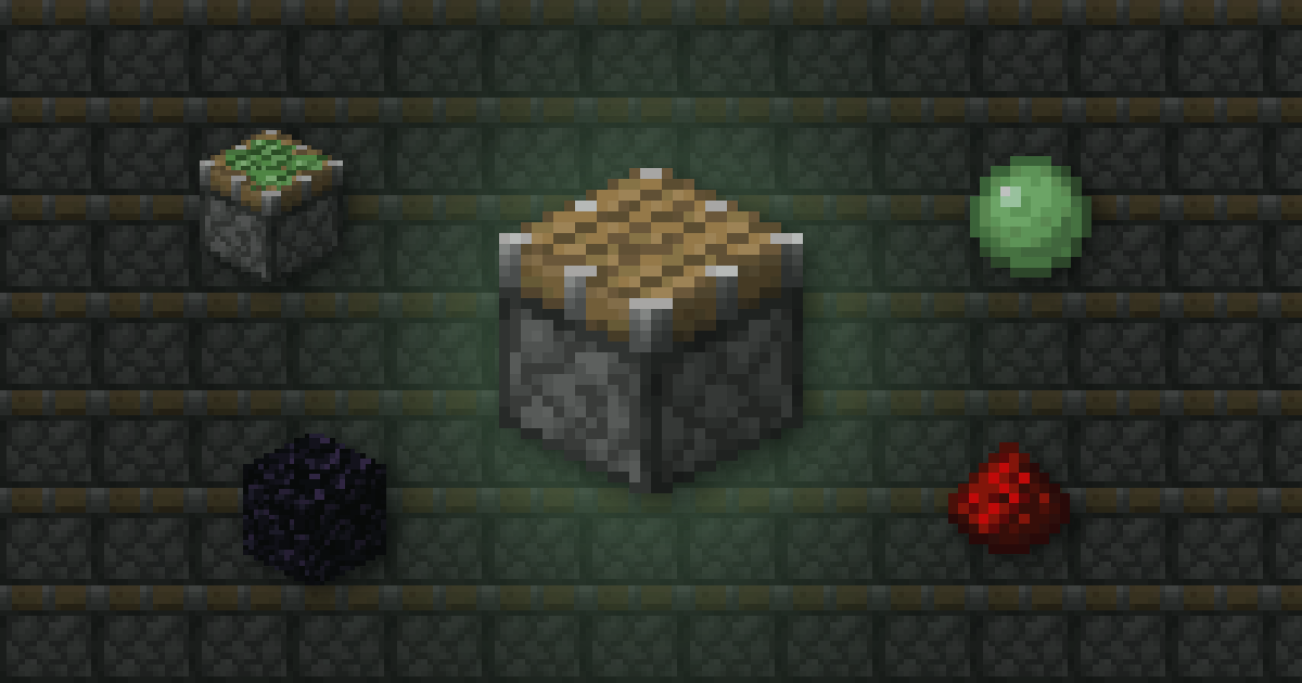 A piston surrounded by a sticky piston, a slimeball, obsidian and redstone