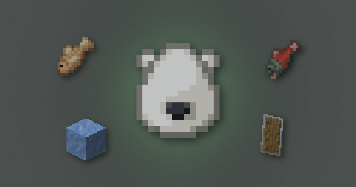 A polar bear spawn egg surrounded by a cod, a salmon, packed ice and a shield on snow