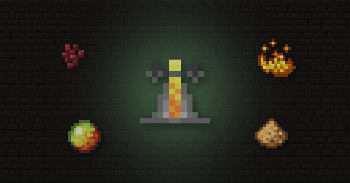 A brewing stand surrounded by nether wart, blaze powder, magma cream and glowstone dust on nether bricks