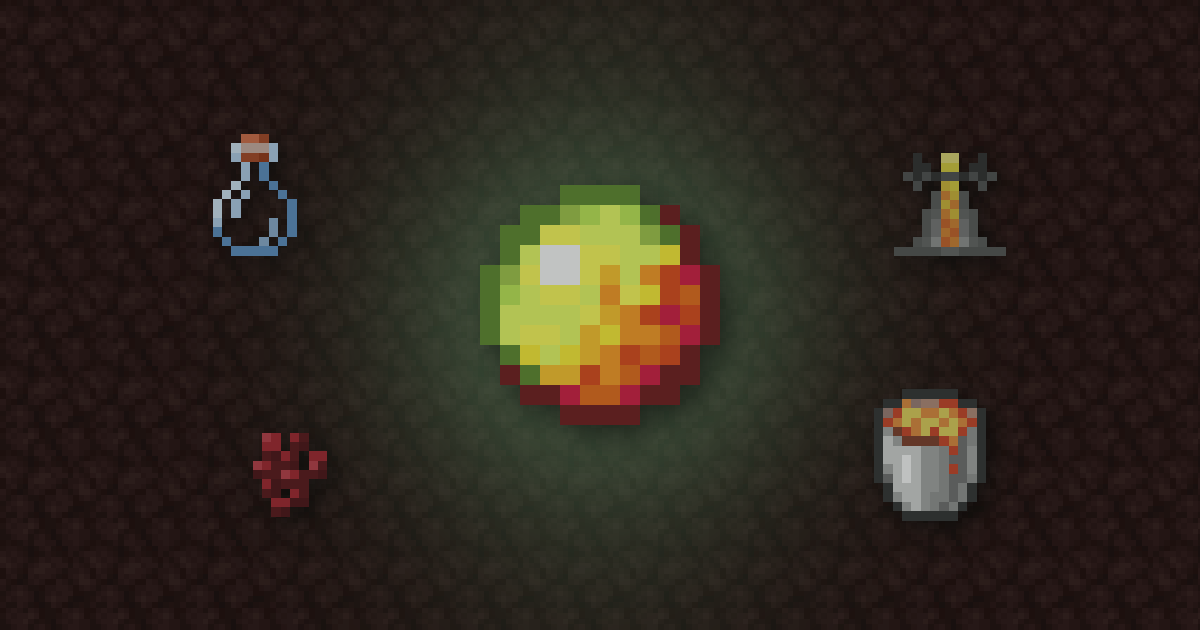 Magma cream surrounded by a potion, a brewing stand, nether wart and lava bucket