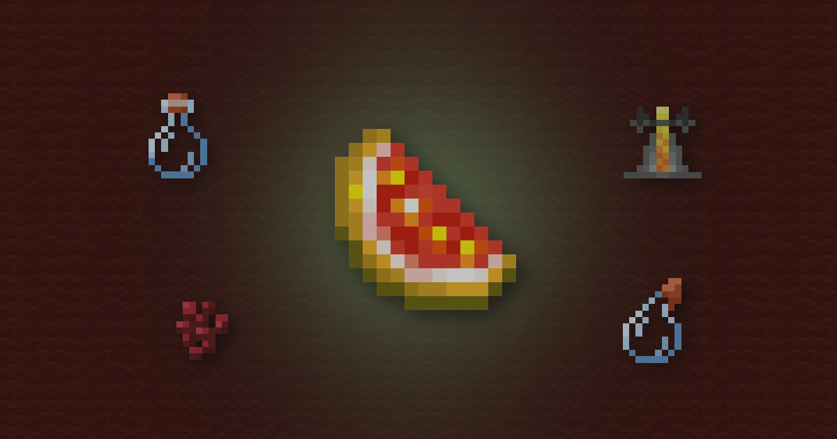 Glistering melon slice surrounded by a potion, a brewing stand, nether wart and splash potion