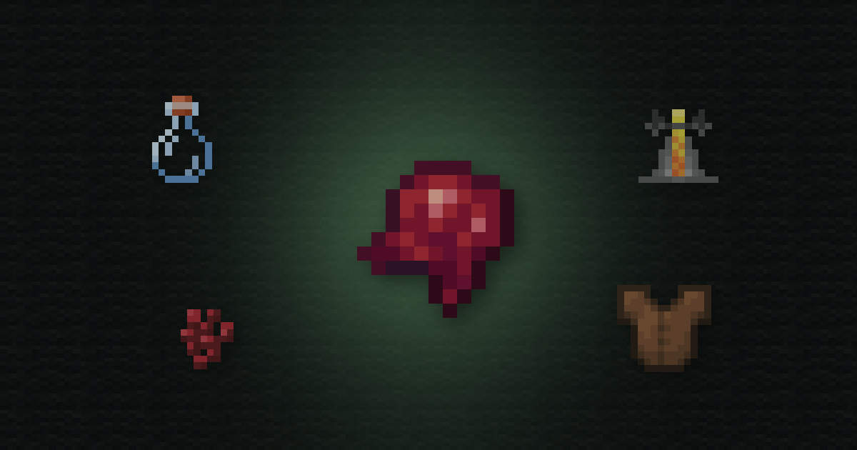 Fermented spider eye surrounded by a potion, a brewing stand, nether wart and leather chestplate