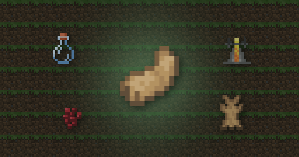 Rabbit foot surrounded by a potion, a brewing stand, nether wart and rabbit hide