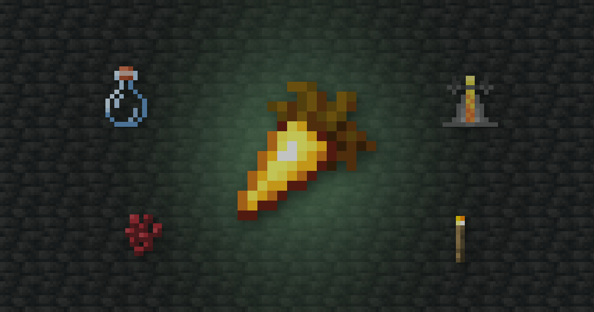 Golden carrot surrounded by a potion, a brewing stand, nether wart and torch