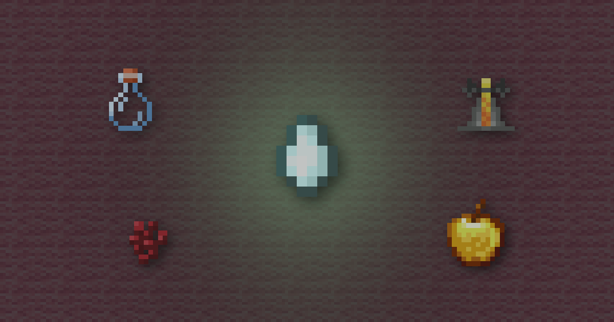 Ghast tear surrounded by a potion, a brewing stand, nether wart and golden apple