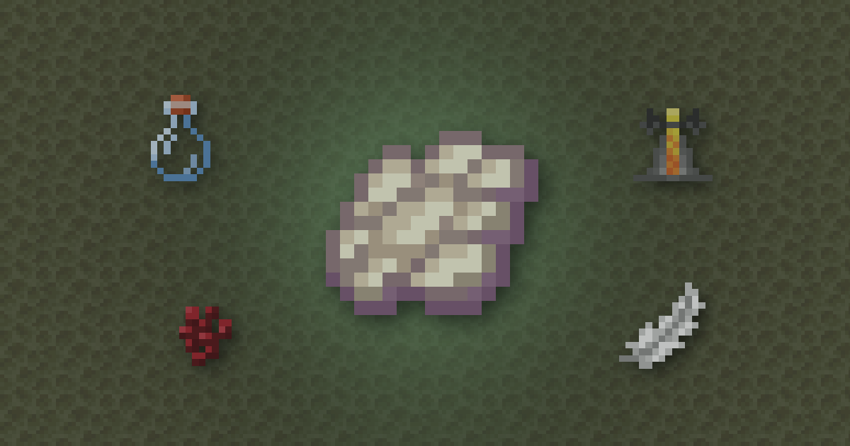 Phantom membrane surrounded by a potion, a brewing stand, nether wart and feather