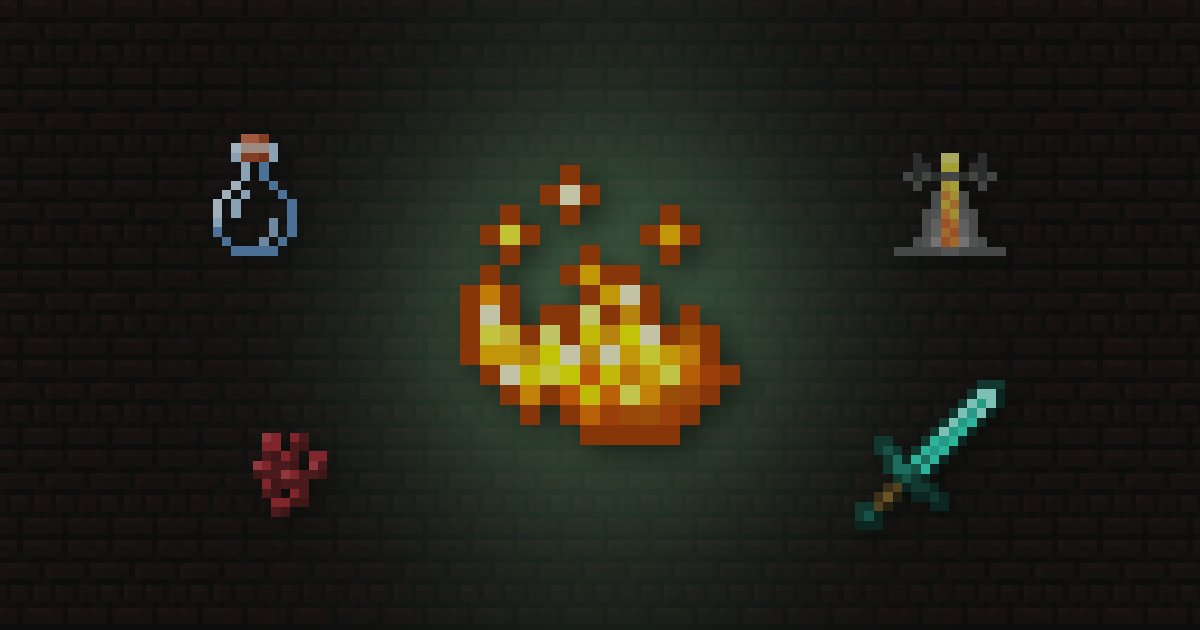 Blaze powder surrounded by a potion, a brewing stand, nether wart and diamond sword