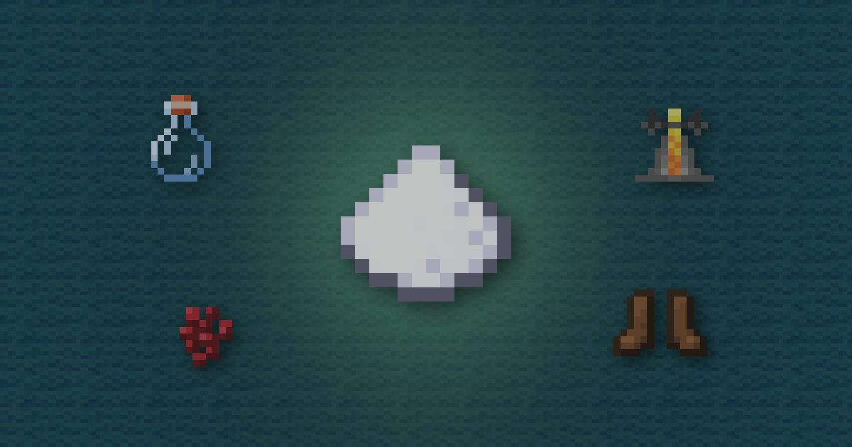 Sugar surrounded by a potion, a brewing stand, nether wart and leather boots