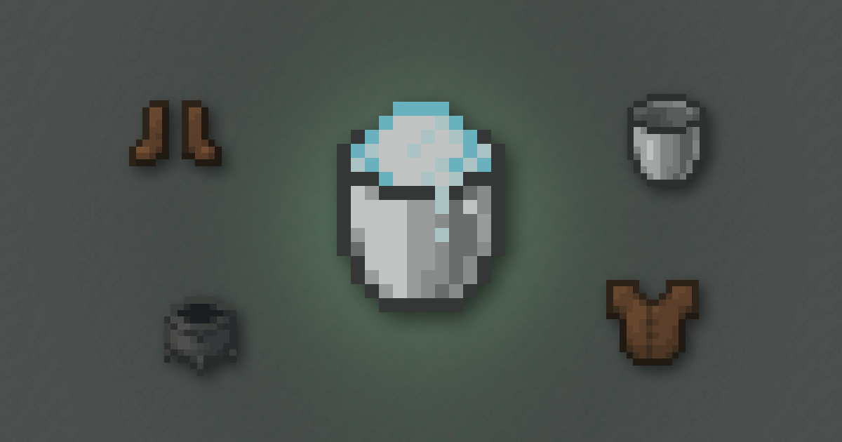 A powder snow bucket surrounded by leather boots, a bucket, a cauldron and a leather tunic on powder snow