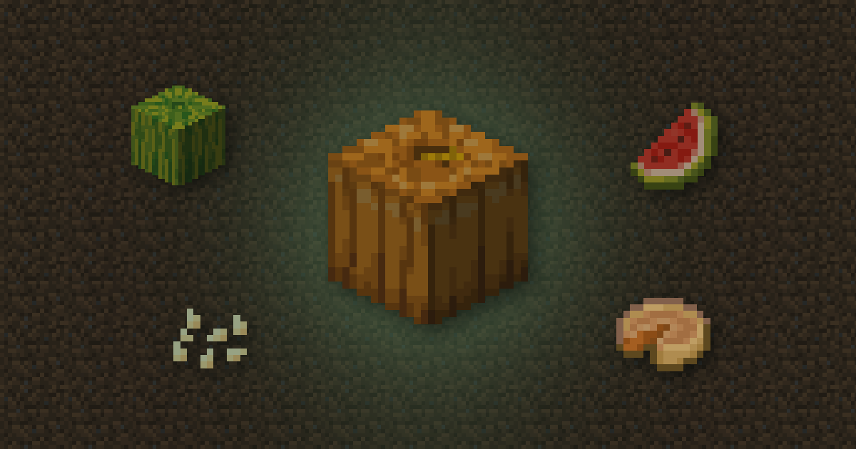 A pumpkin surrounded by a melon, a melon slice, pumpkin seeds and a pumpkin pie on dirt