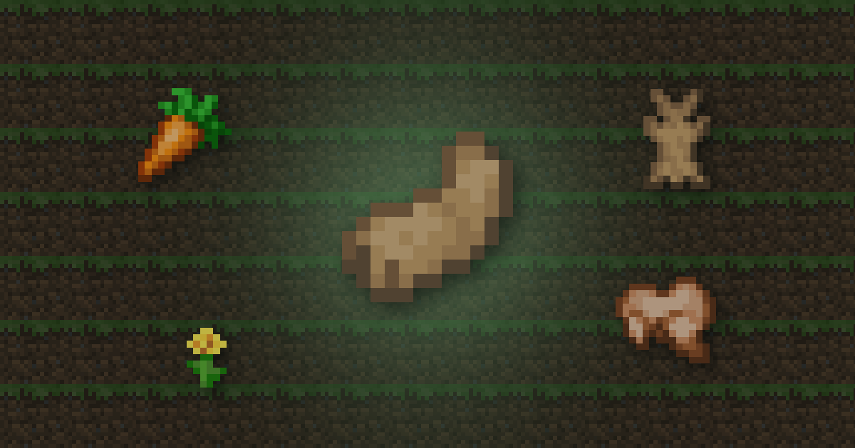 A rabbit's foot surrounded by a carrot, rabbit hide, a dandelion and cooked rabbit on grass