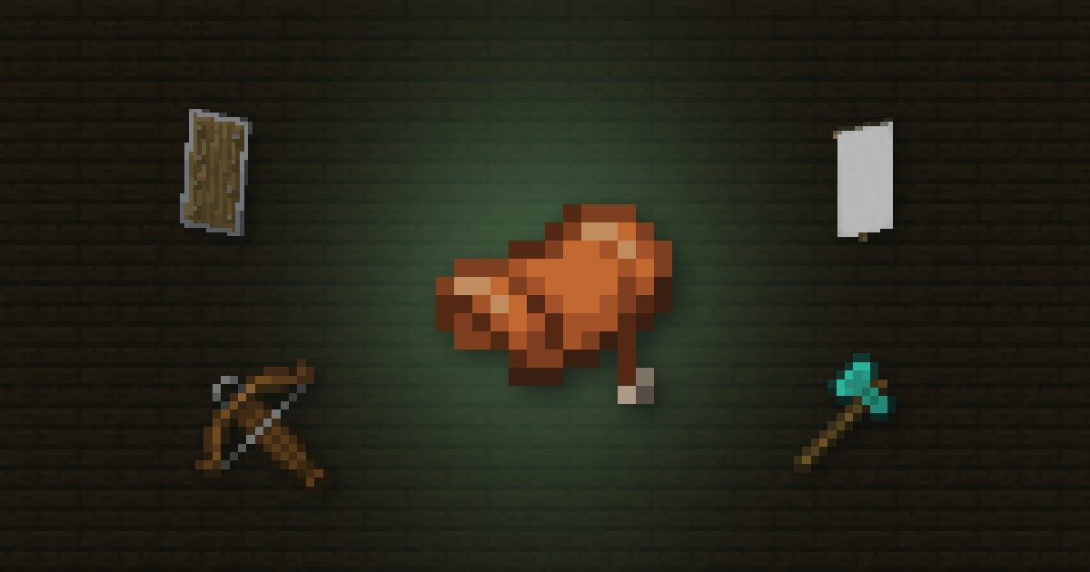 A saddle surrounded by a shield, a banner, a crossbow and a diamond axe on dark oak planks