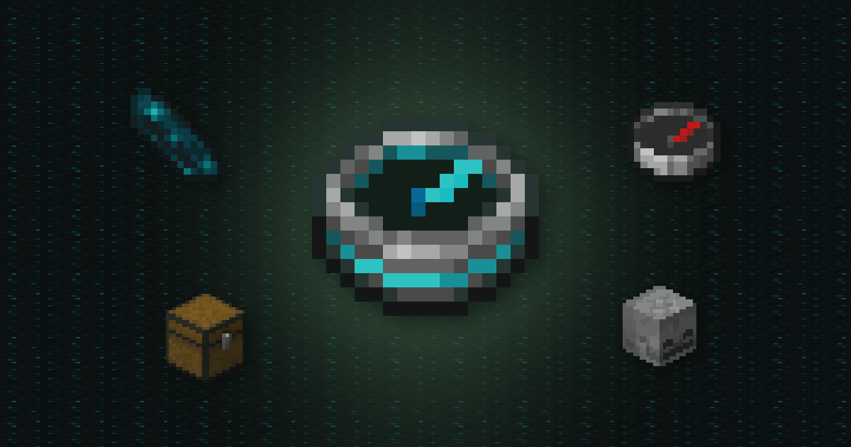 A recovery compass surrounded by an echo shard, a compass, a chest and a skeleton skull on sculk
