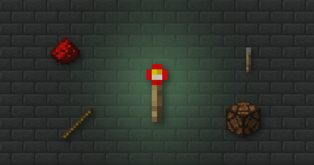 A redstone torch surrounded by redstone, a lever, a stick and a redstone lamp on stone bricks