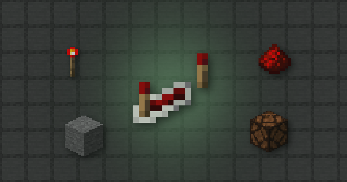 A redstone repeater surrounded by a redstone torch, redstone, stone and a redstone lamp on smooth stone