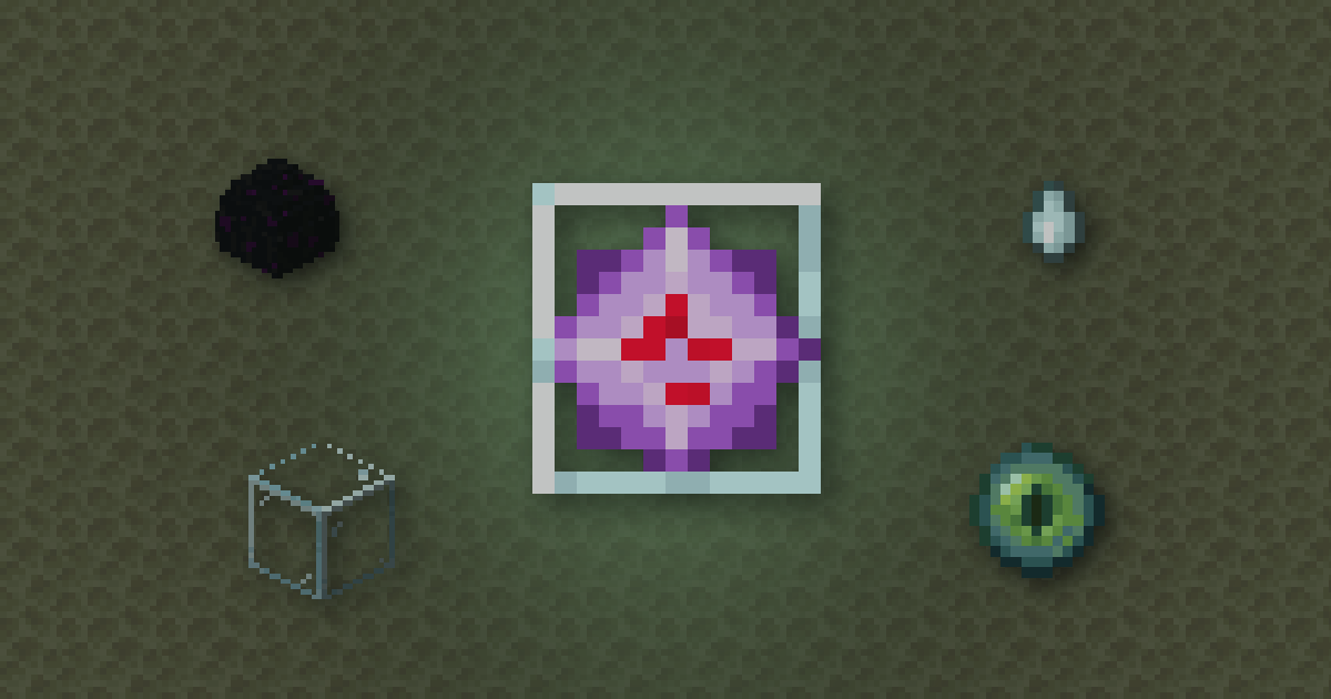An end crystal surrounded by a dragon egg, a ghast tear, glass and an eye of ender on end stone