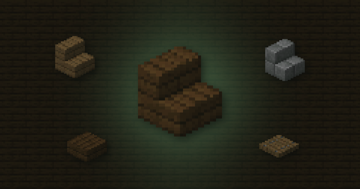Dark oak stairs surrounded by spruce stairs, stone brick stairs, a dark oak slab and a spruce trapdoor on dark oak planks