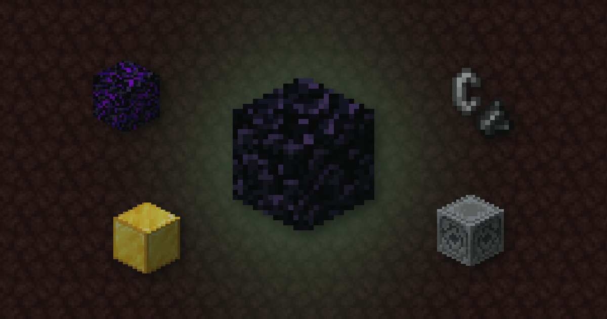 Obsidian surrounded by crying obsidian, flint and steel, a gold block and a lodestone on netherrack