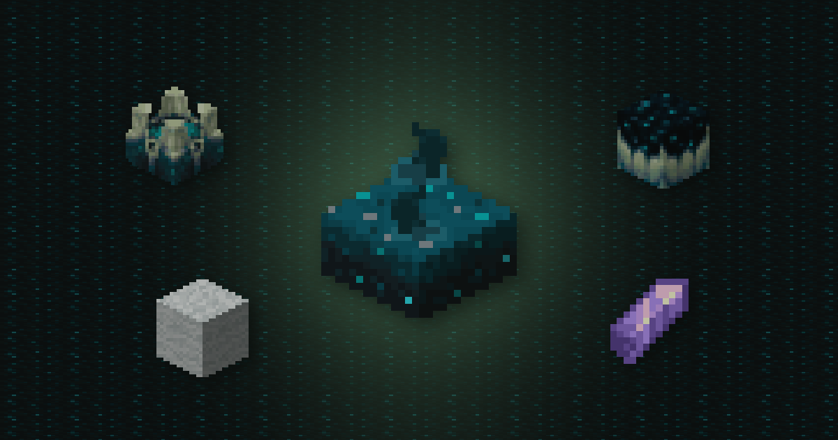 A sculk sensor surrounded by a sculk shrieker, a sculk catalyst, white wool and an amethyst shard on sculk