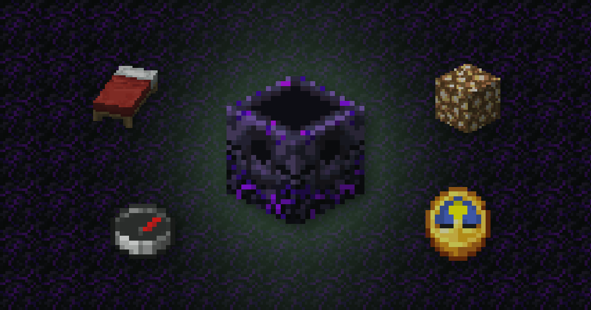 A respawn anchor surrounded by a red bed, glowstone, a compass and a clock on crying obsidian