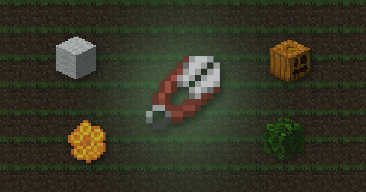 Shears surrounded by white wool, a carved pumpkin, honeycomb and oak leaves on grass