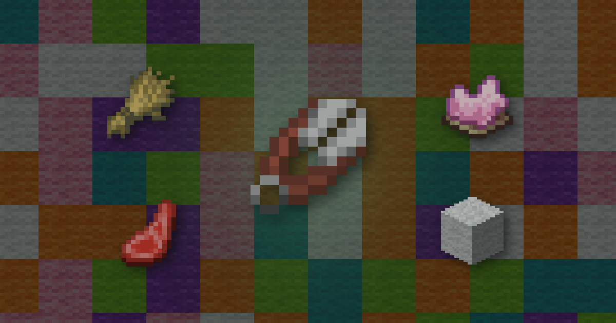 Shears in front of a wall of white, pink, cyan, lime, orange and purple wool, with wheat, pink dye and mutton