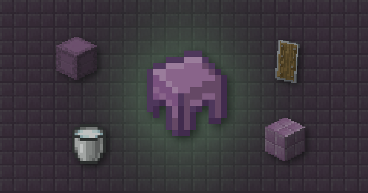 A shulker shell surrounded by a shulker box, a shield, a milk bucket and a purpur block on purpur