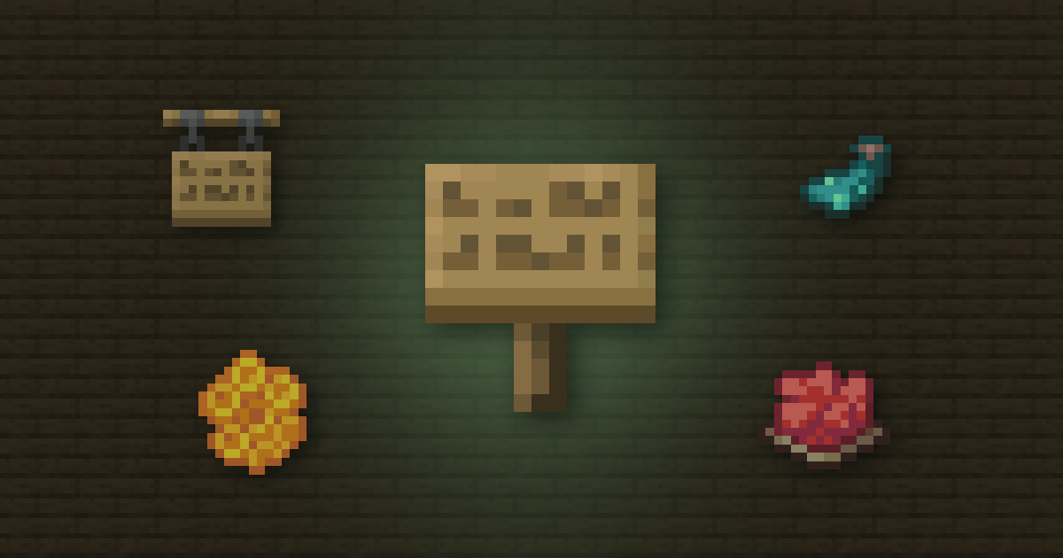 An oak sign surrounded by a hanging sign, a glow ink sac, honeycomb and red dye on spruce planks