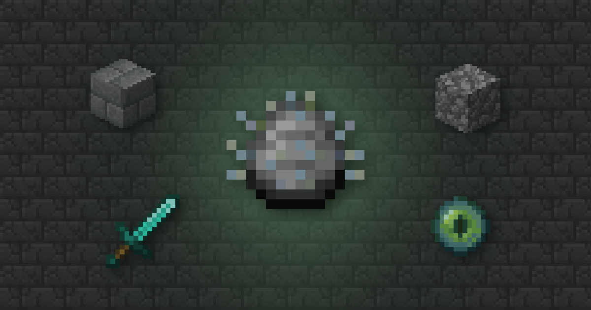 A silverfish spawn egg surrounded by stone bricks, cobblestone, a diamond sword and an eye of ender on cracked stone bricks