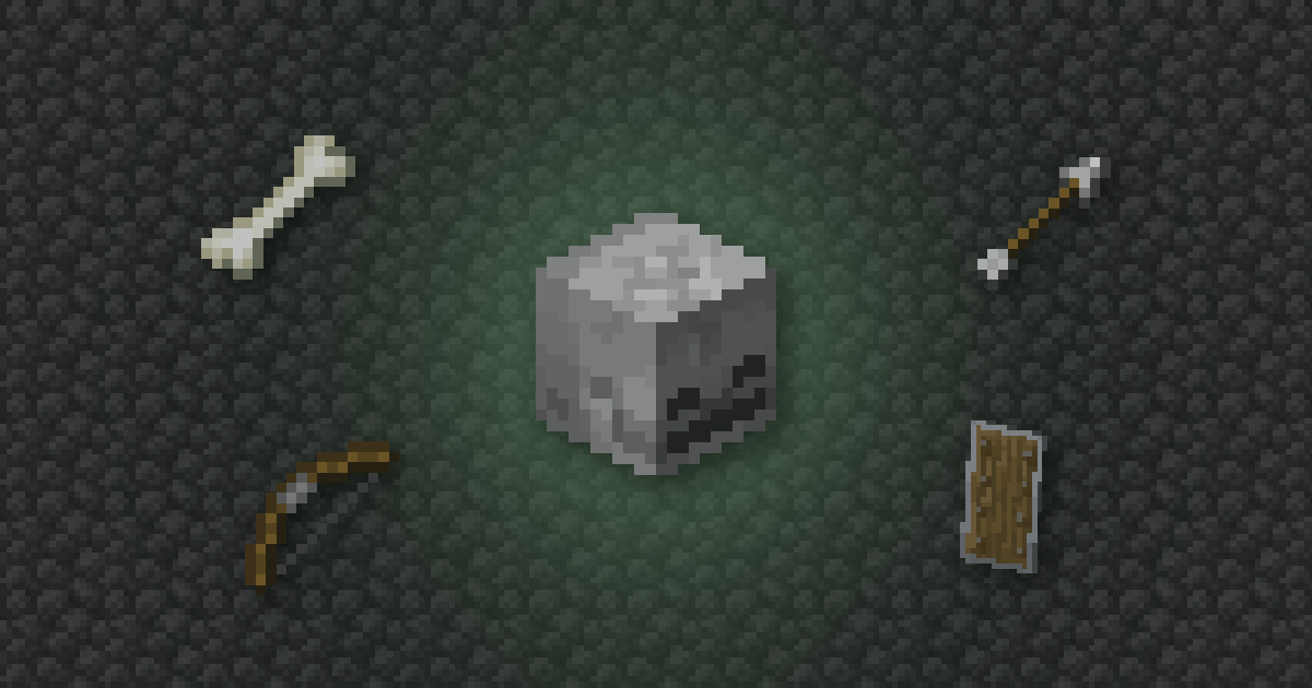 A skeleton skull surrounded by a bone, an arrow, a bow and a shield on cobblestone