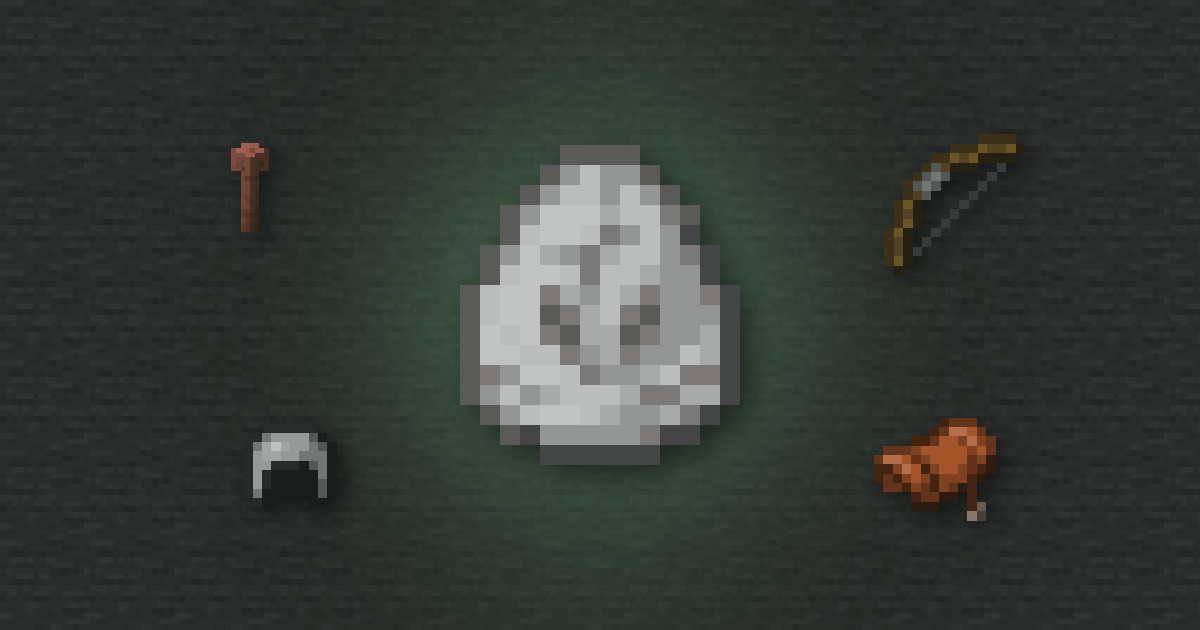 A skeleton horse spawn egg surrounded by a lightning rod, a bow, an iron helmet and a saddle on stone
