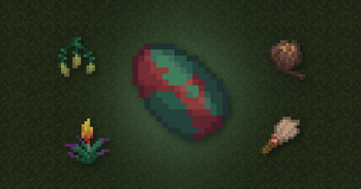 A sniffer egg surrounded by torchflower seeds, a pitcher pod, a torchflower and a brush on moss