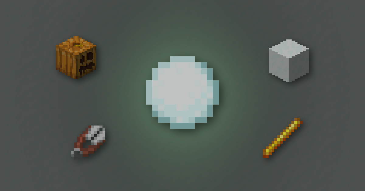 A snowball surrounded by a carved pumpkin, a snow block, shears and a blaze rod on snow
