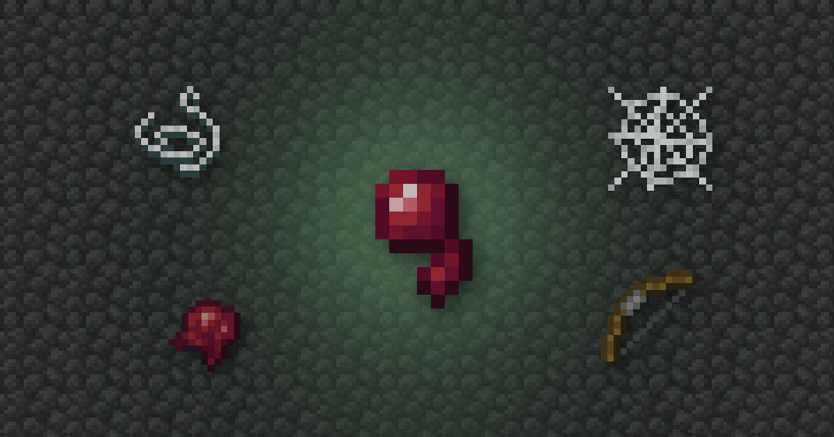 A spider eye surrounded by string, a cobweb, a fermented spider eye and a bow on cobblestone