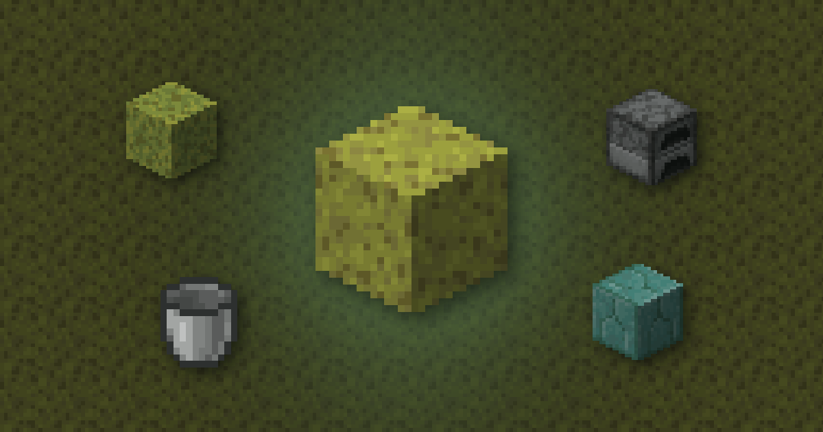 A sponge surrounded by a wet sponge, a furnace, a bucket and prismarine bricks on sponge blocks
