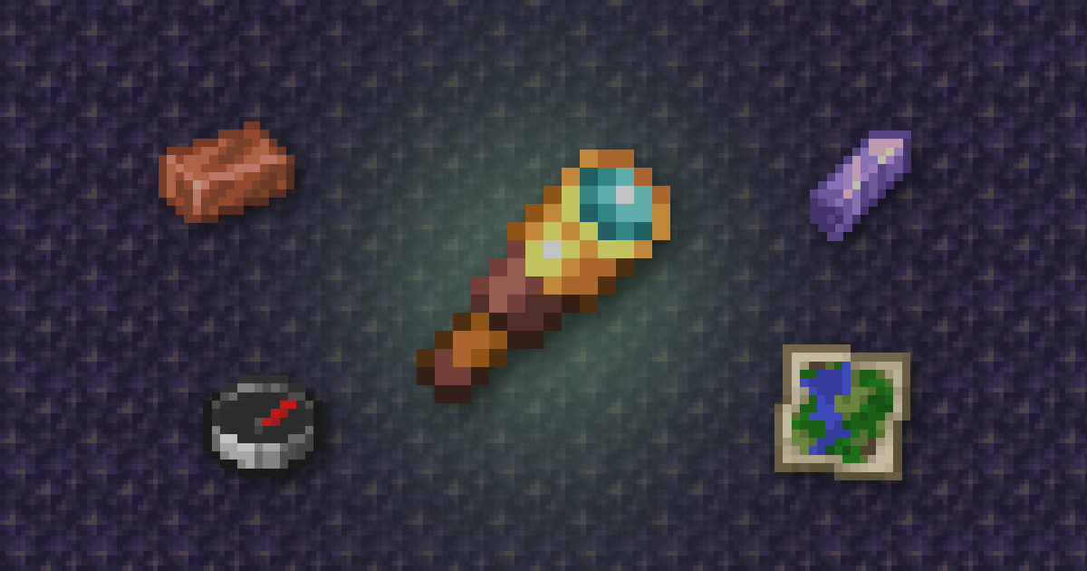 A spyglass surrounded by a copper ingot, an amethyst shard, a compass and a map on amethyst