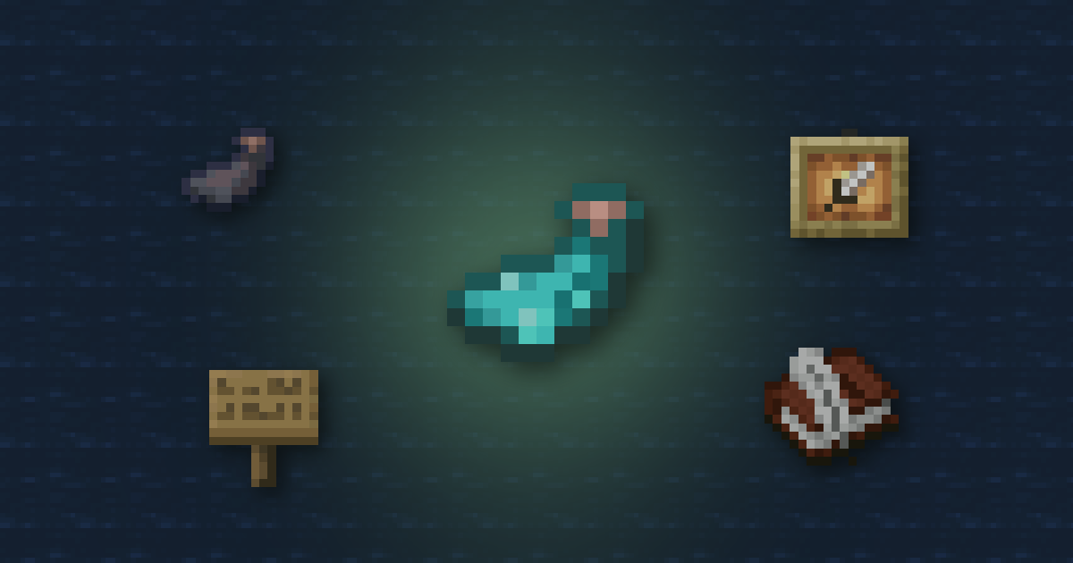 A glow ink sac surrounded by an ink sac, a glow item frame, a sign and a book and quill on water