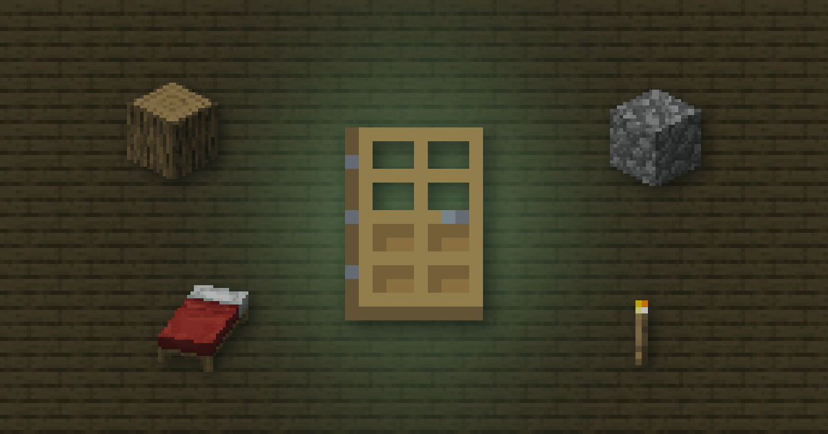 An oak door surrounded by an oak log, cobblestone, a red bed and a torch on oak planks