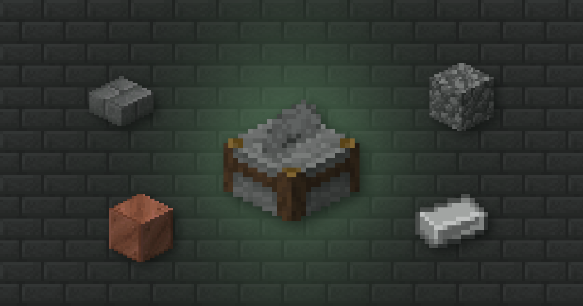 A stonecutter surrounded by a stone brick slab, cobblestone, a copper block and an iron ingot on stone bricks