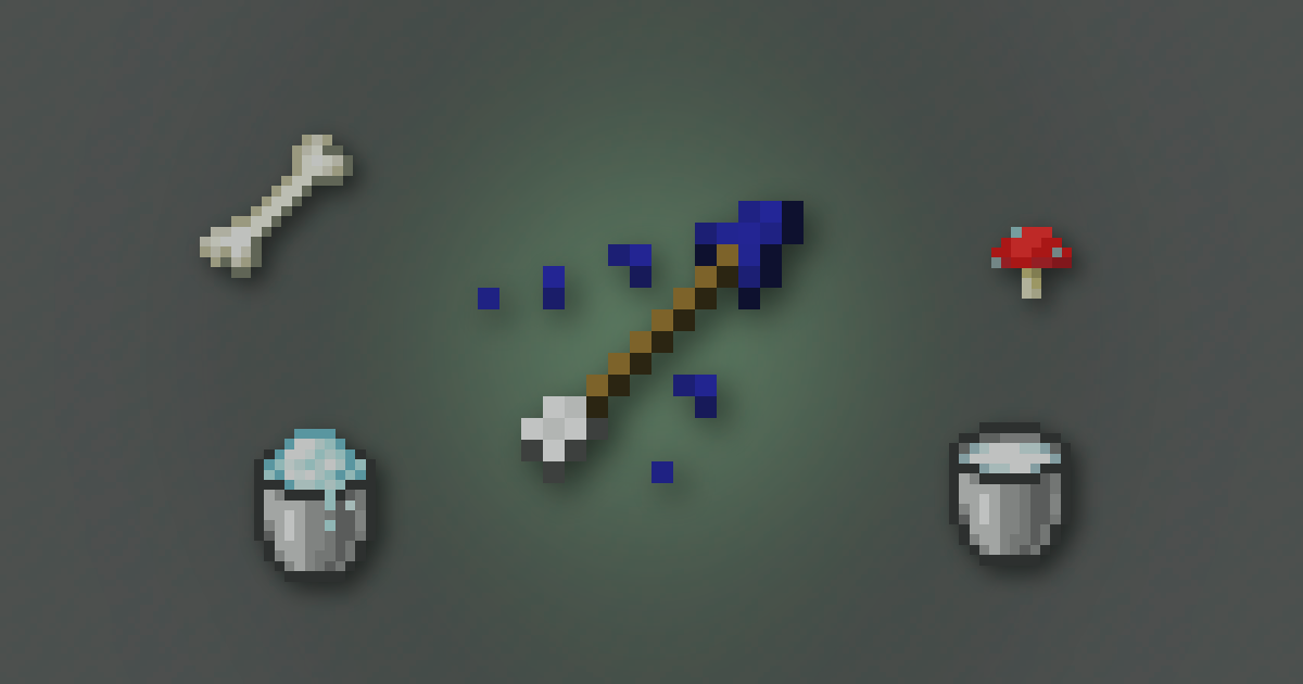 A tipped arrow surrounded by a bone, a red mushroom, a powder snow bucket and a milk bucket on snow