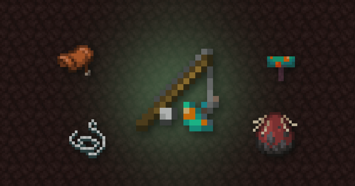 A warped fungus on a stick surrounded by a saddle, warped fungus, string and a strider spawn egg on netherrack