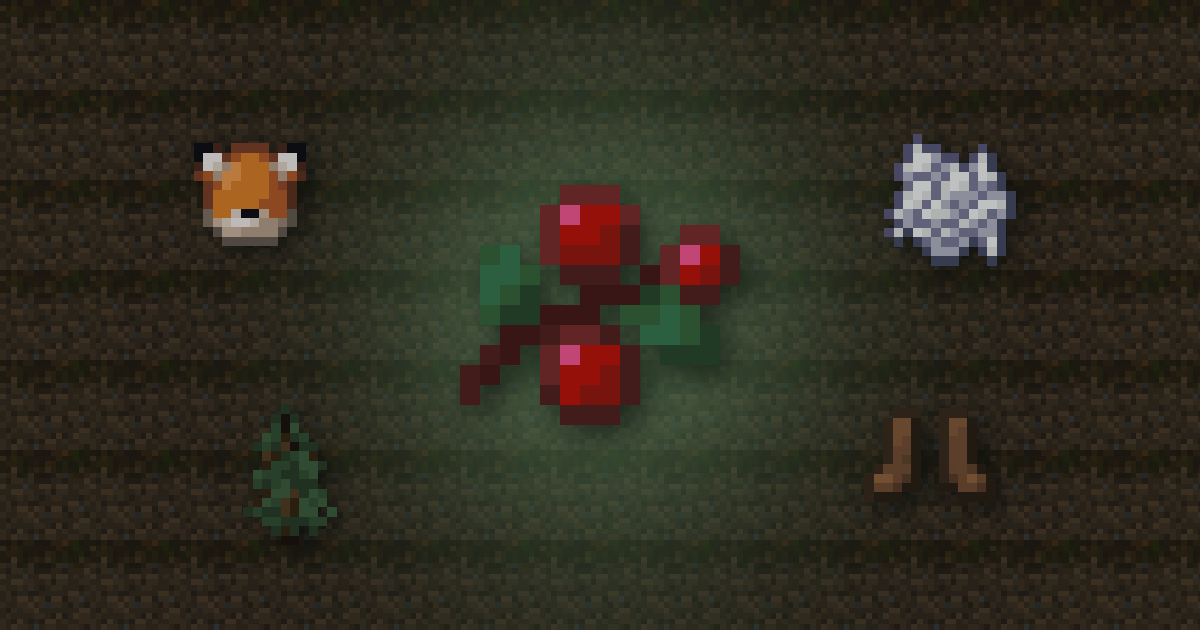 Sweet berries surrounded by a fox spawn egg, bone meal, a spruce sapling and leather boots on podzol