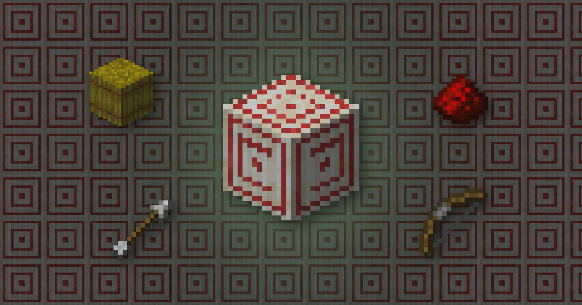 A target block surrounded by a hay bale, redstone, an arrow and a bow