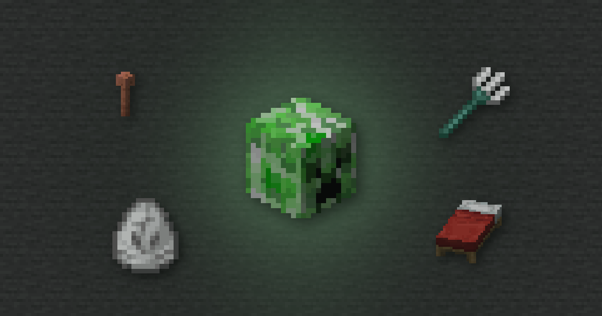 A creeper head surrounded by a lightning rod, a trident, a skeleton horse spawn egg and a bed on stone