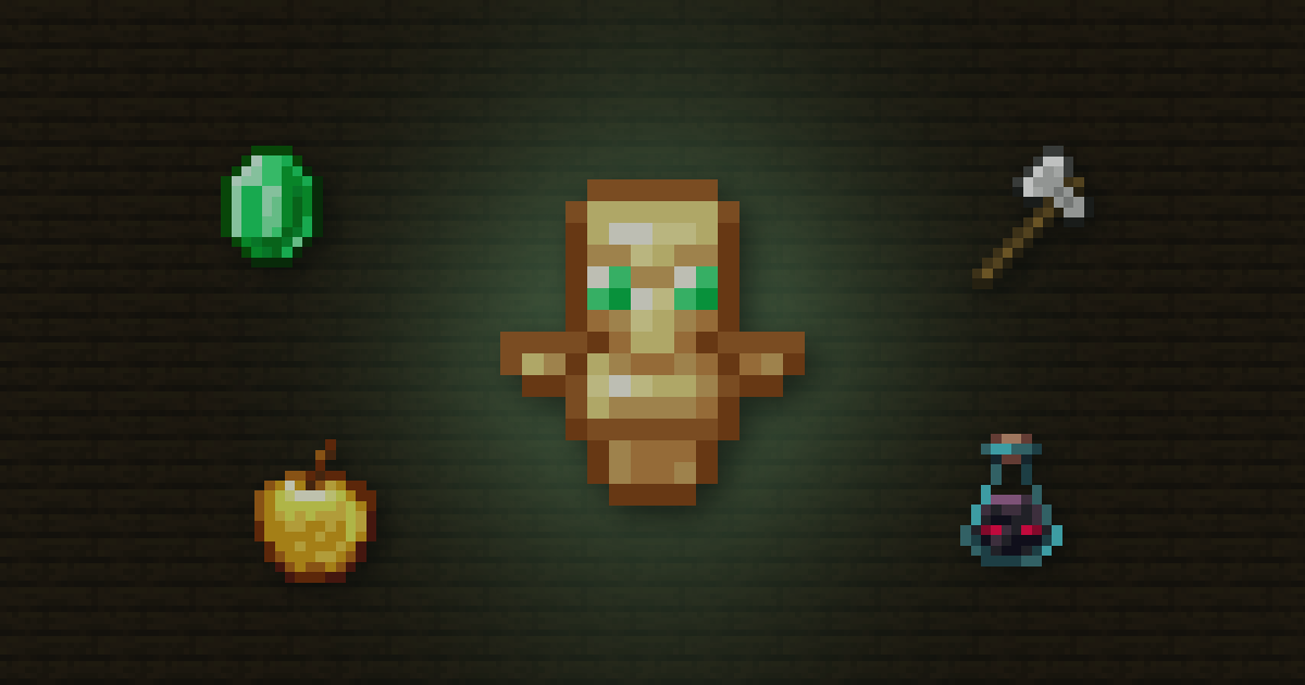 A Totem of Undying surrounded by an emerald, an iron axe, a golden apple and an ominous bottle
