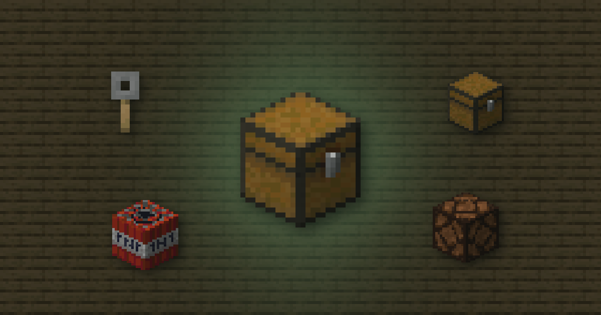 A trapped chest surrounded by a tripwire hook, a chest, TNT and a redstone lamp on oak planks