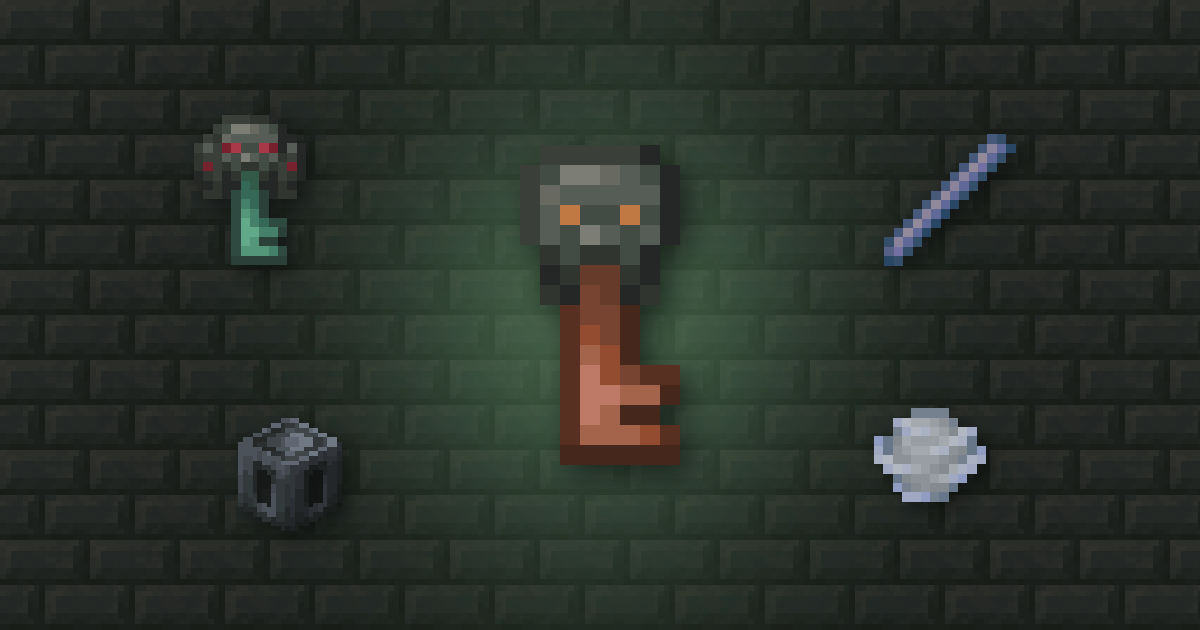 A trial key surrounded by an ominous trial key, a breeze rod, a heavy core and a wind charge on tuff bricks