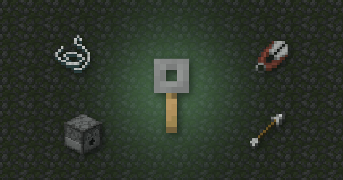 A tripwire hook surrounded by string, shears, a dispenser and an arrow on mossy cobblestone
