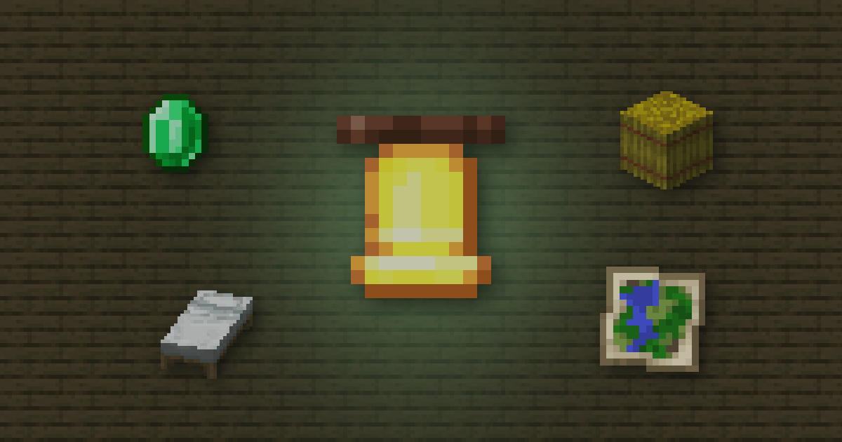 A bell surrounded by an emerald, a hay bale, a bed and a map on oak planks