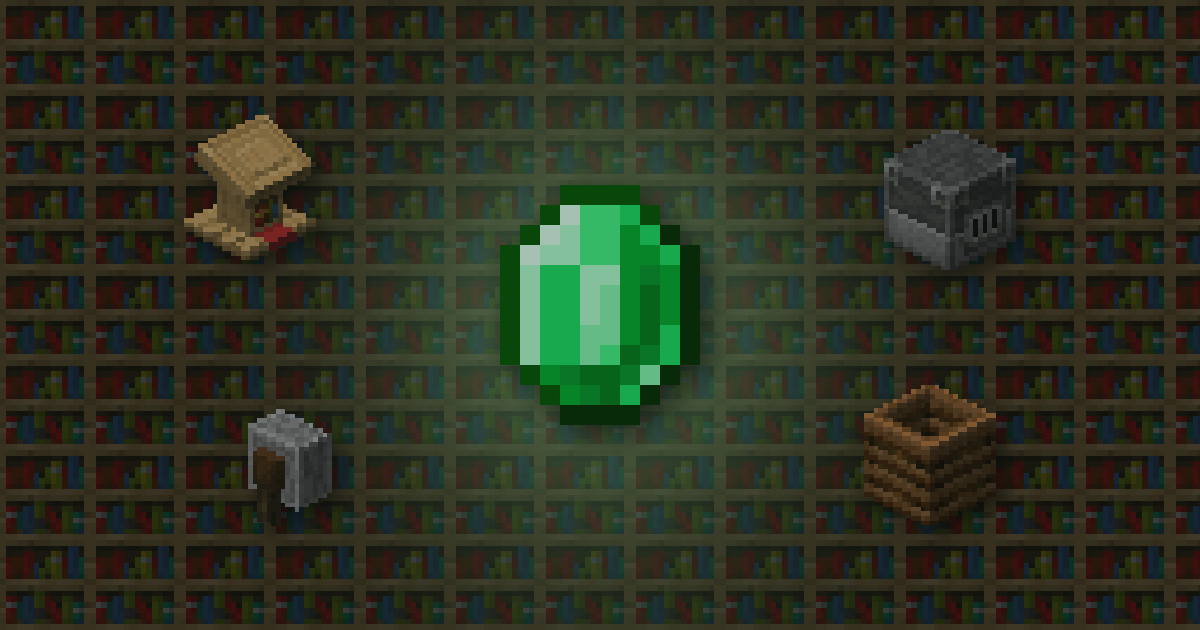 An emerald surrounded by a lectern, a blast furnace, a grindstone and a composter